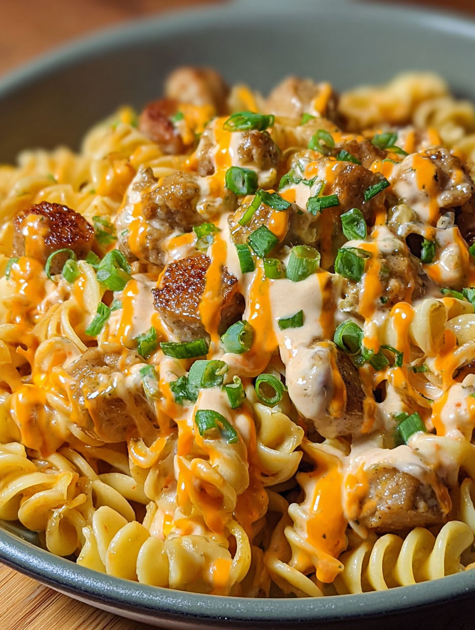 A plate of creamy buffalo ranch sausage rotini.