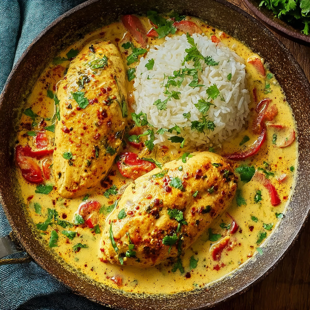 A bowl of chicken with rice and tomatoes.