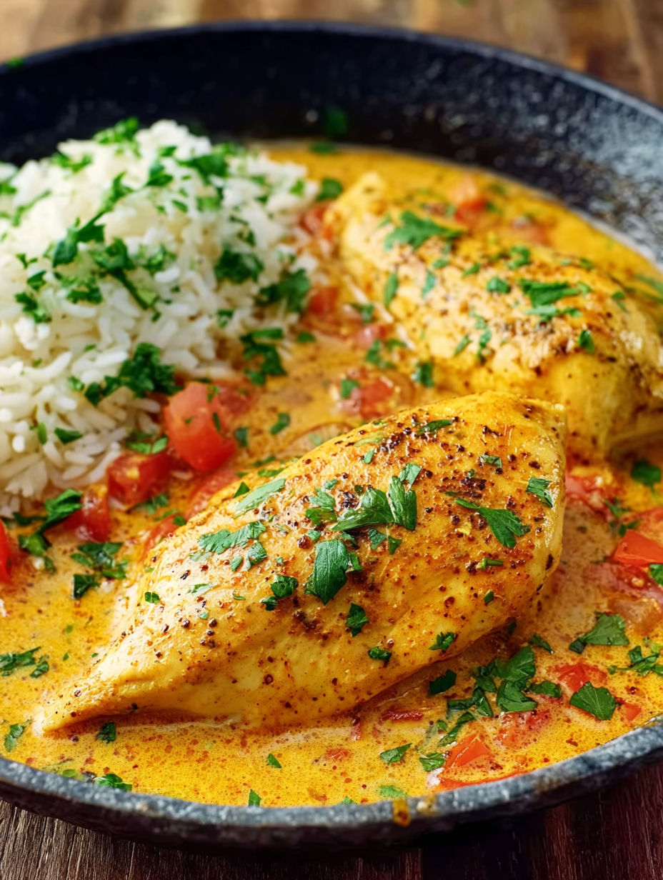 A bowl of chicken with rice and tomatoes.