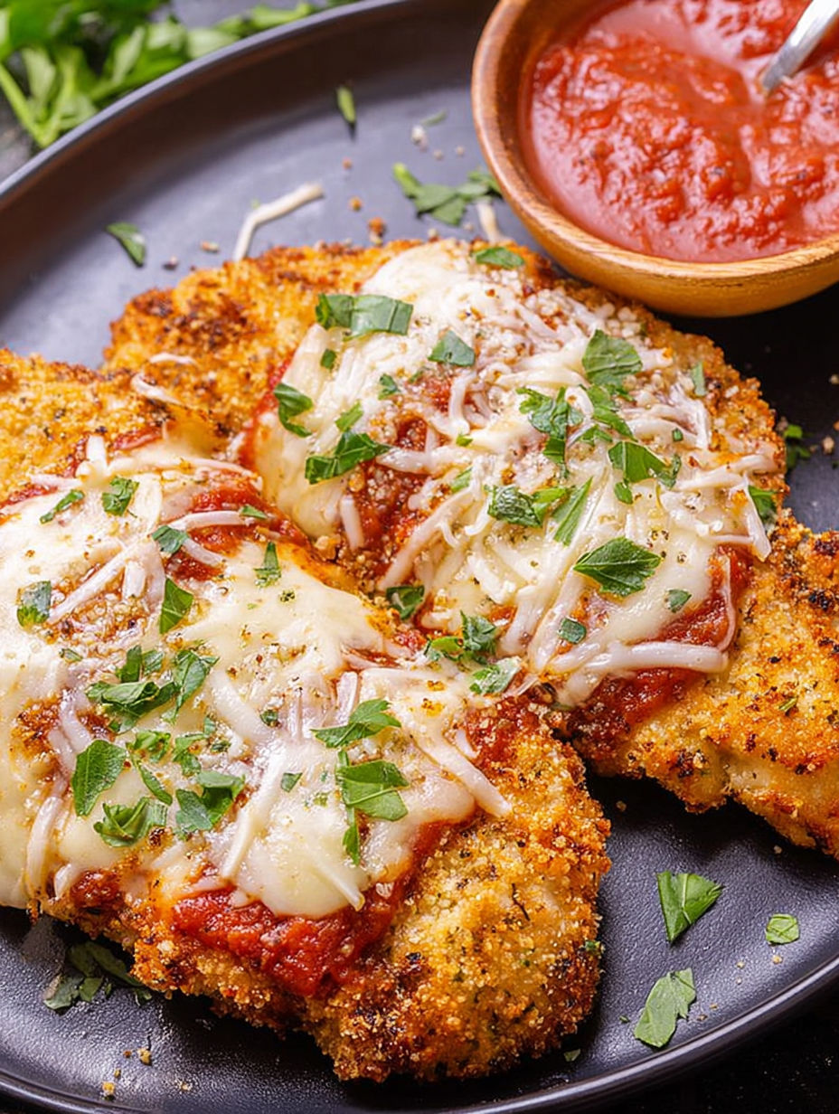 Air fryer chicken parmesan with cheese and sauce.