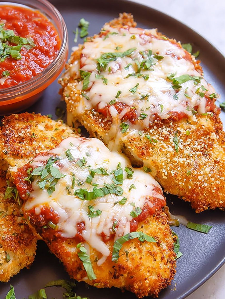 Air fryer chicken parmesan with marinara sauce.