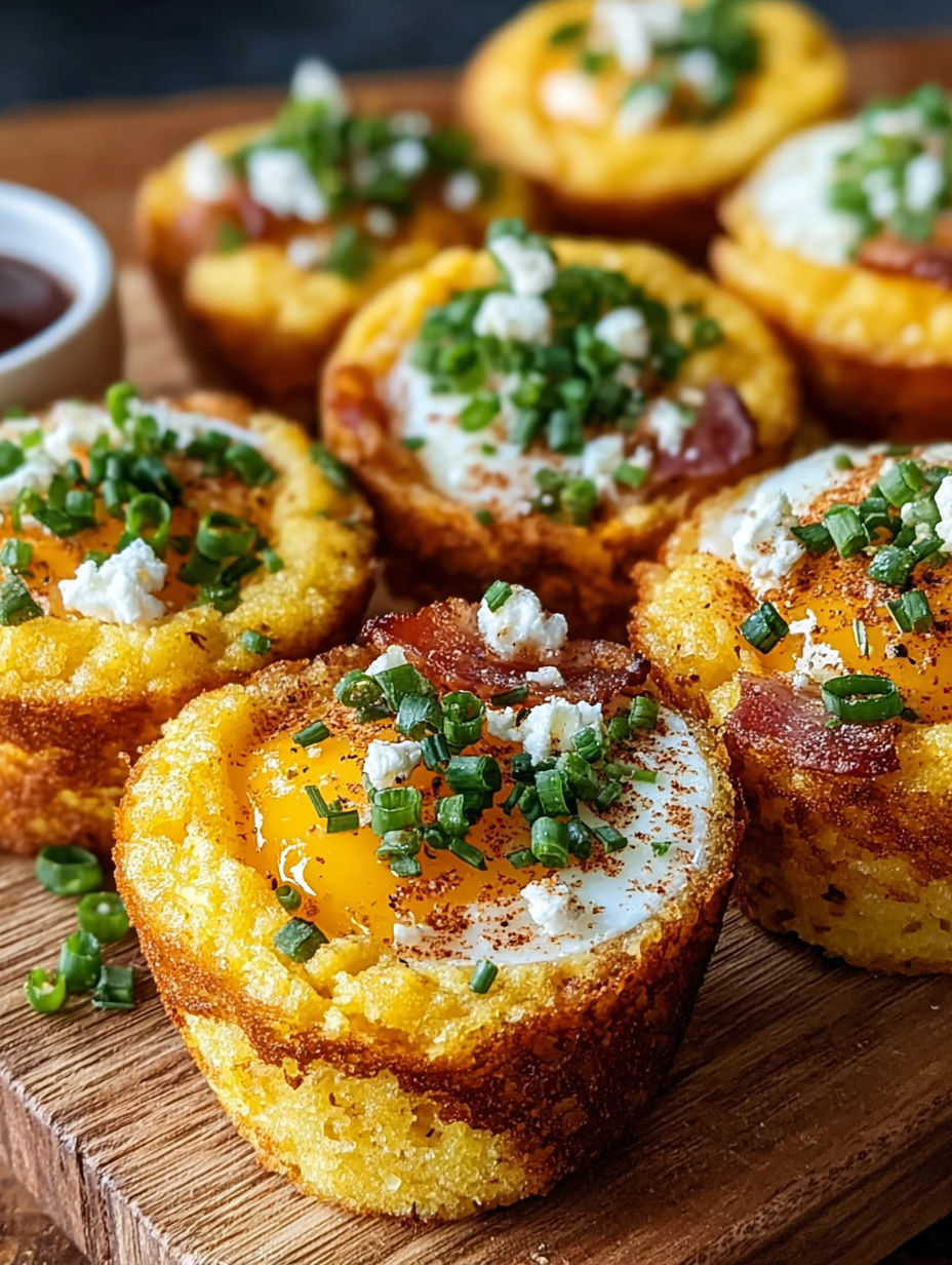 Mini cornbread egg sliders on a wooden table.