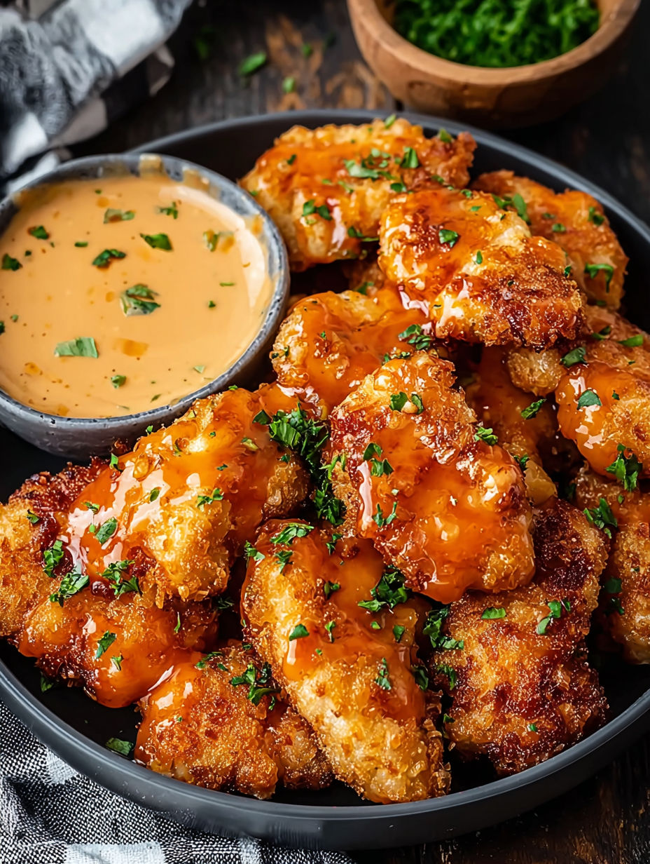 A bowl of Bang Bang Chicken with a dipping sauce.