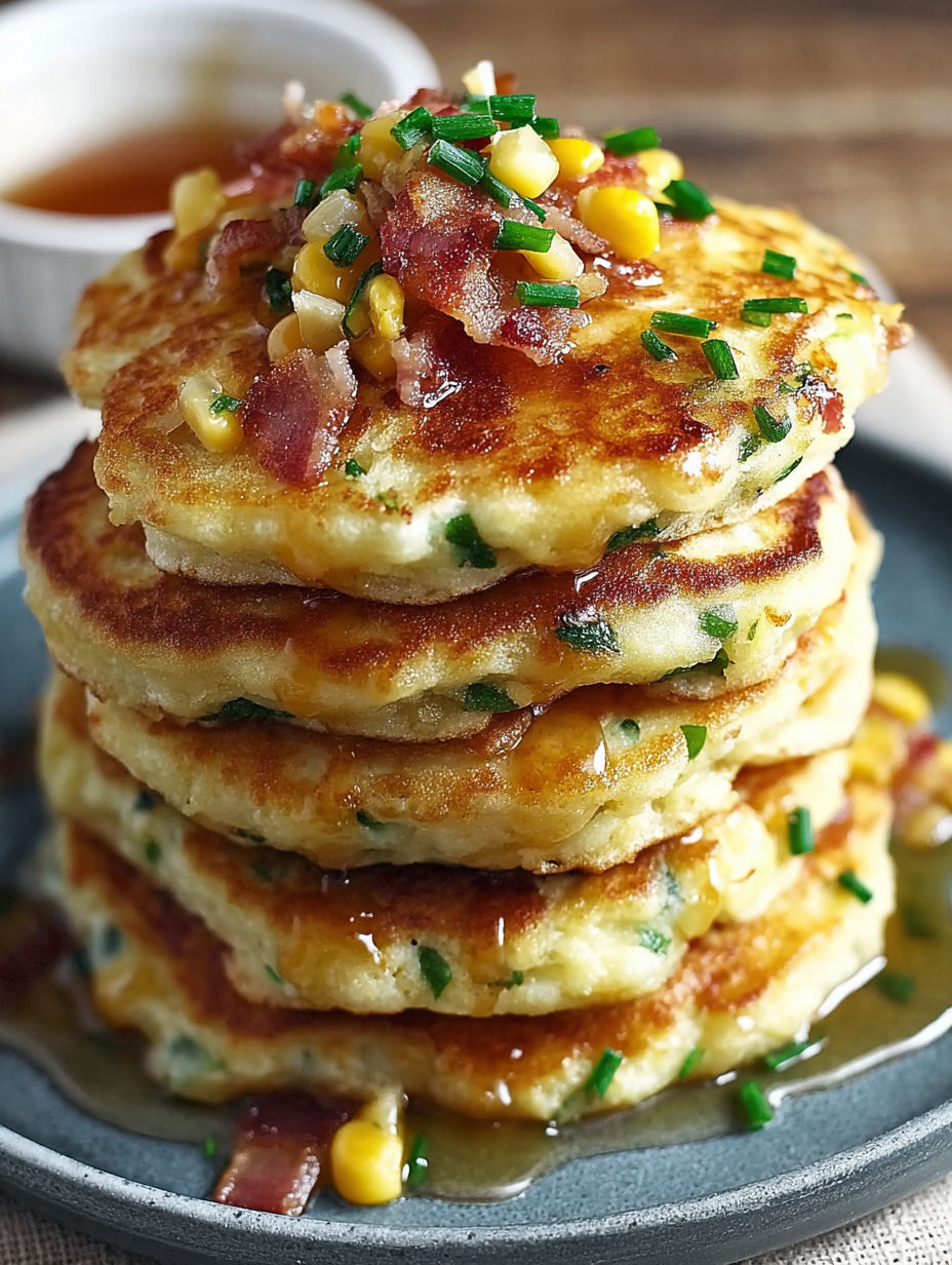 Bacon and corn griddle cakes stacked on a plate.