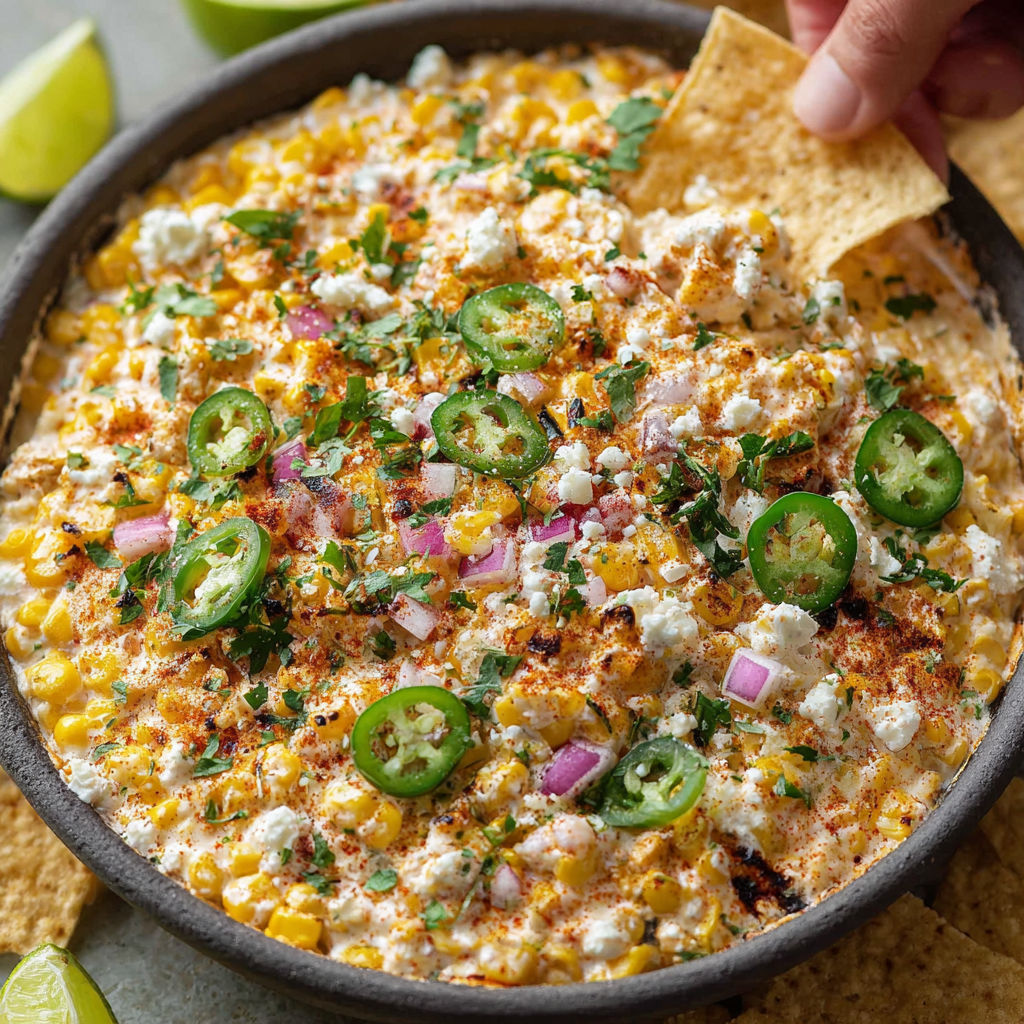 A bowl of Mexican street corn dip with chips and limes.