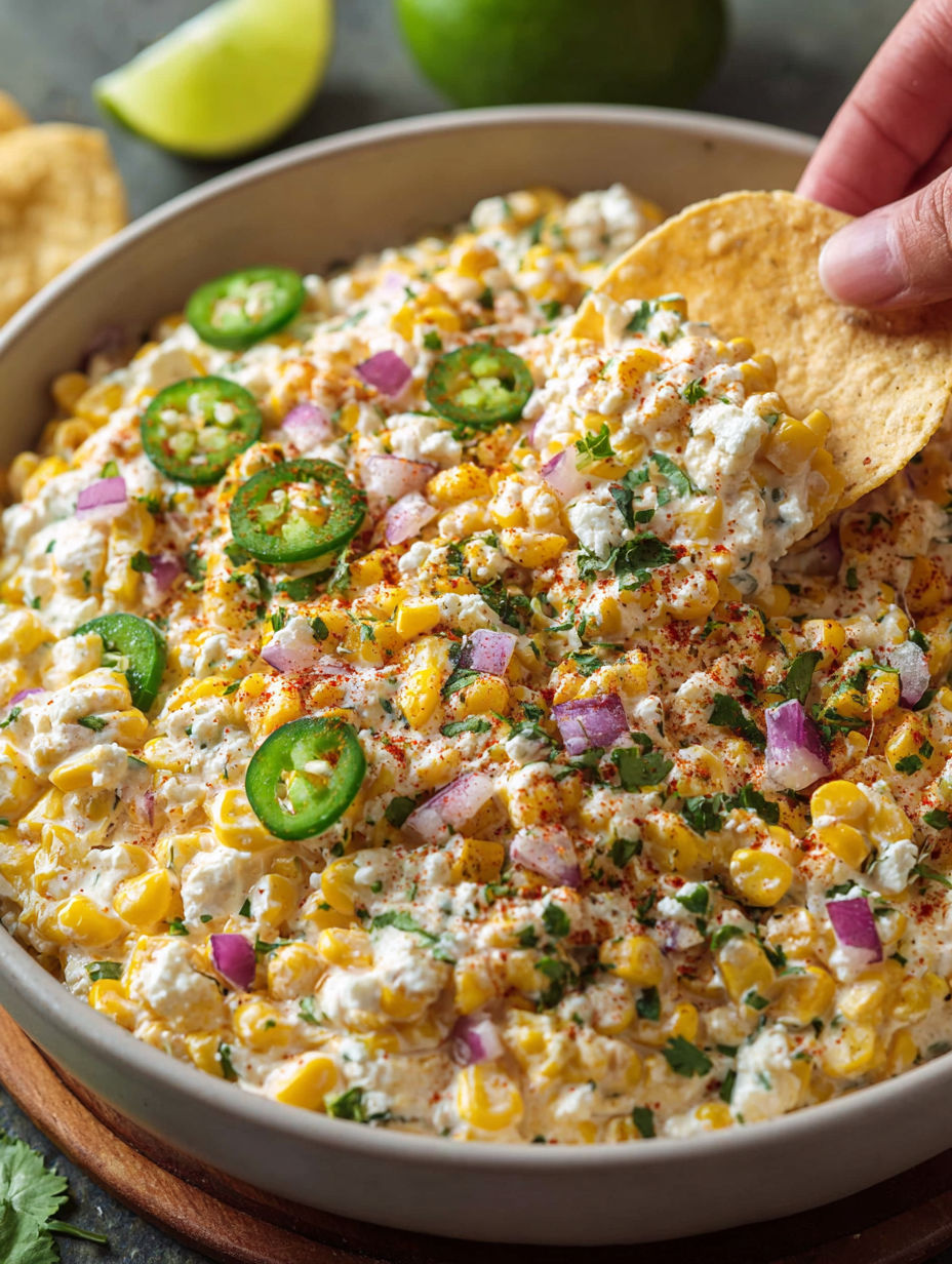 A person is holding a tortilla chip over a bowl of Mexican street corn dip.