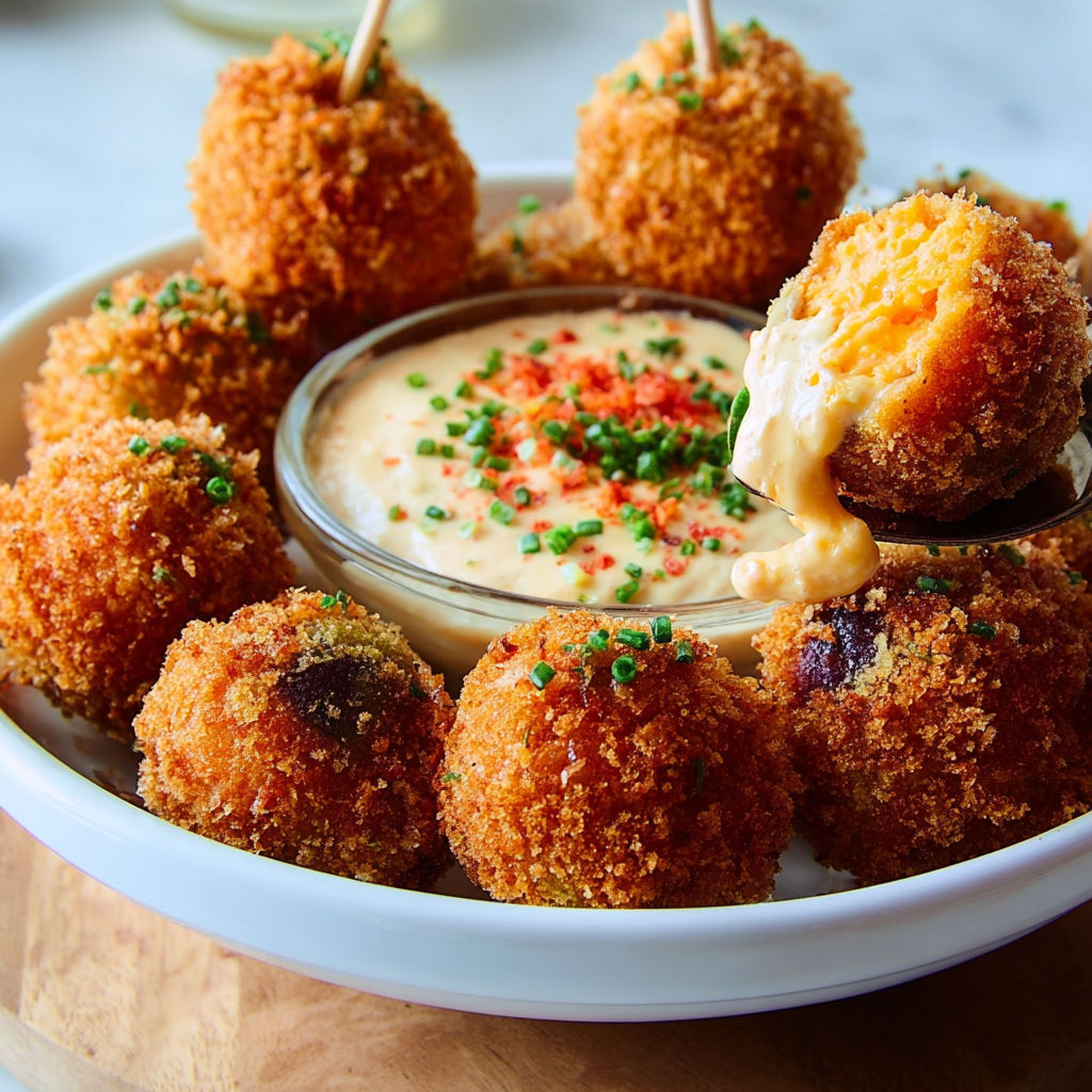 A bowl of pimento cheese fried olives.