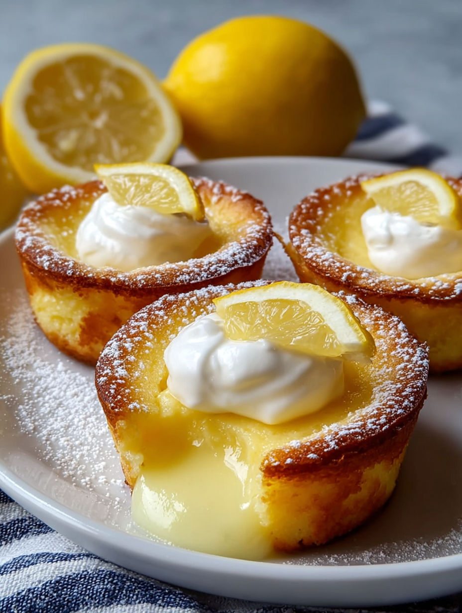 Three small lemon desserts with powdered sugar on a plate.