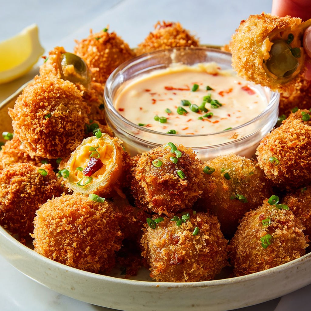 A bowl of pimento cheese fried olives.