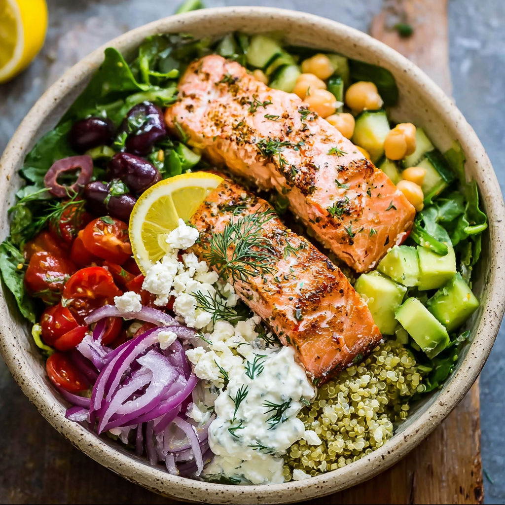 A bowl of salmon, vegetables, and feta cheese.