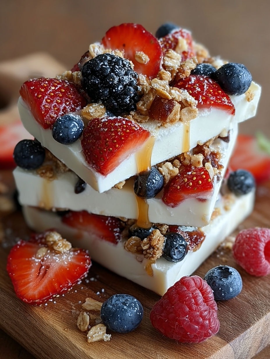 A stack of three layers of Berry Blast Frozen Yogurt Bark.