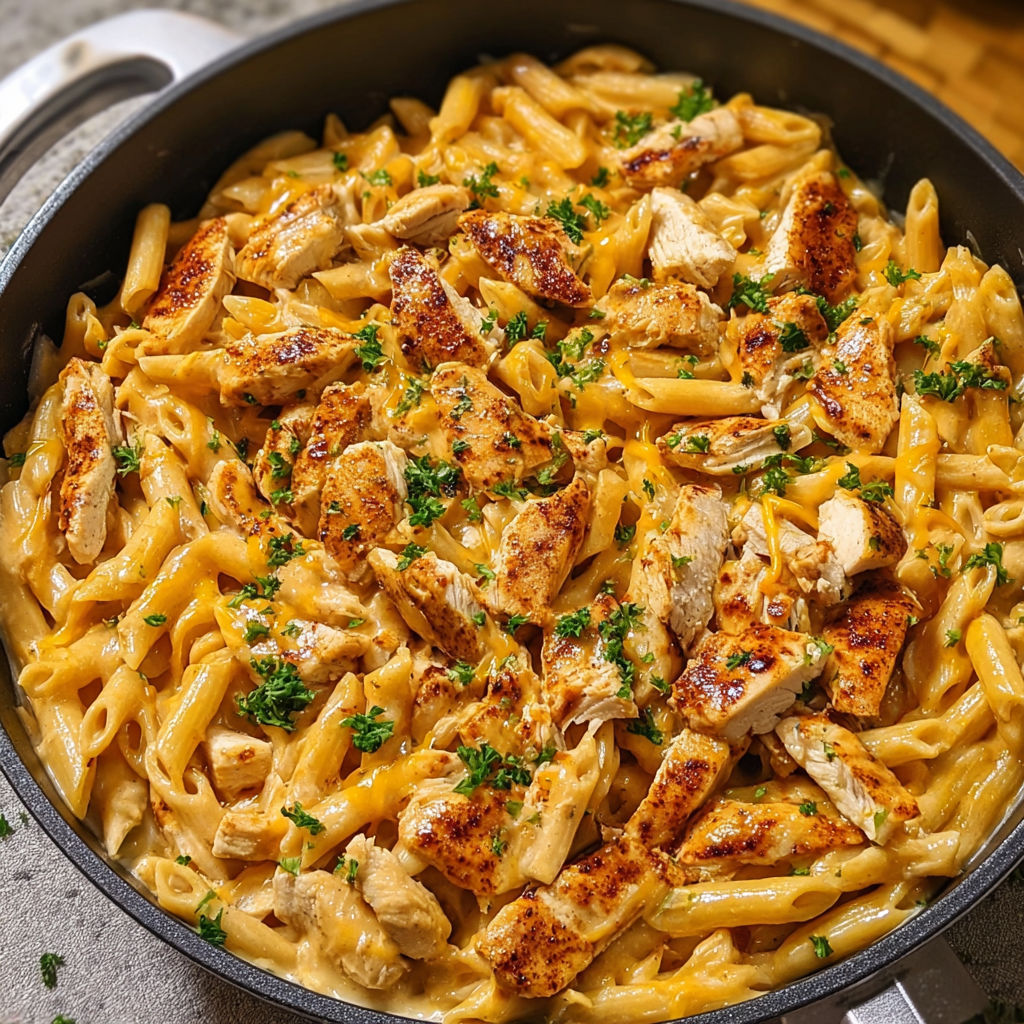 A skillet of BBQ chicken and cheese pasta.