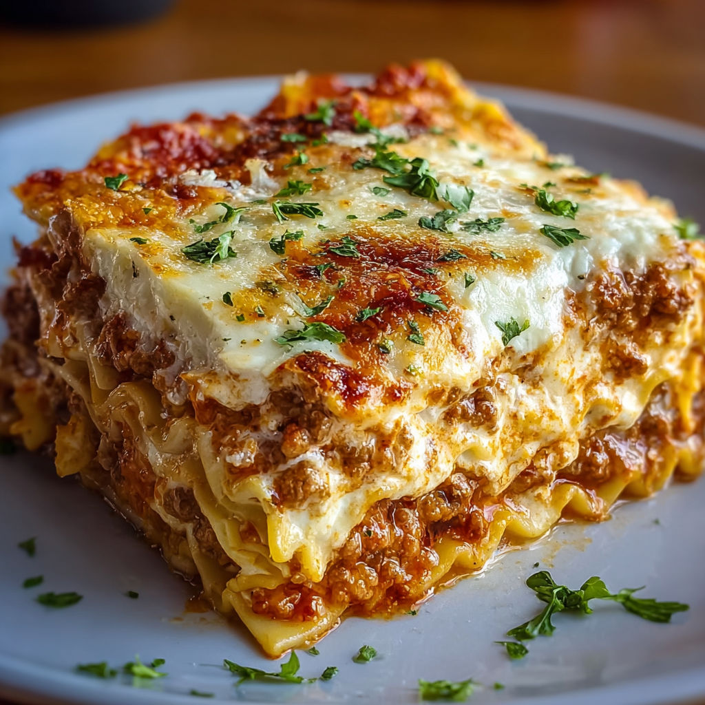 A slice of rich creamy million dollar lasagna.