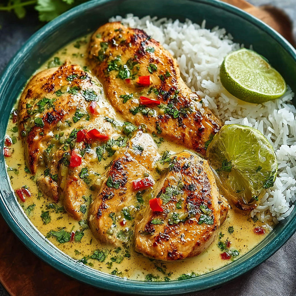 A plate of chicken with a creamy cilantro lime sauce.
