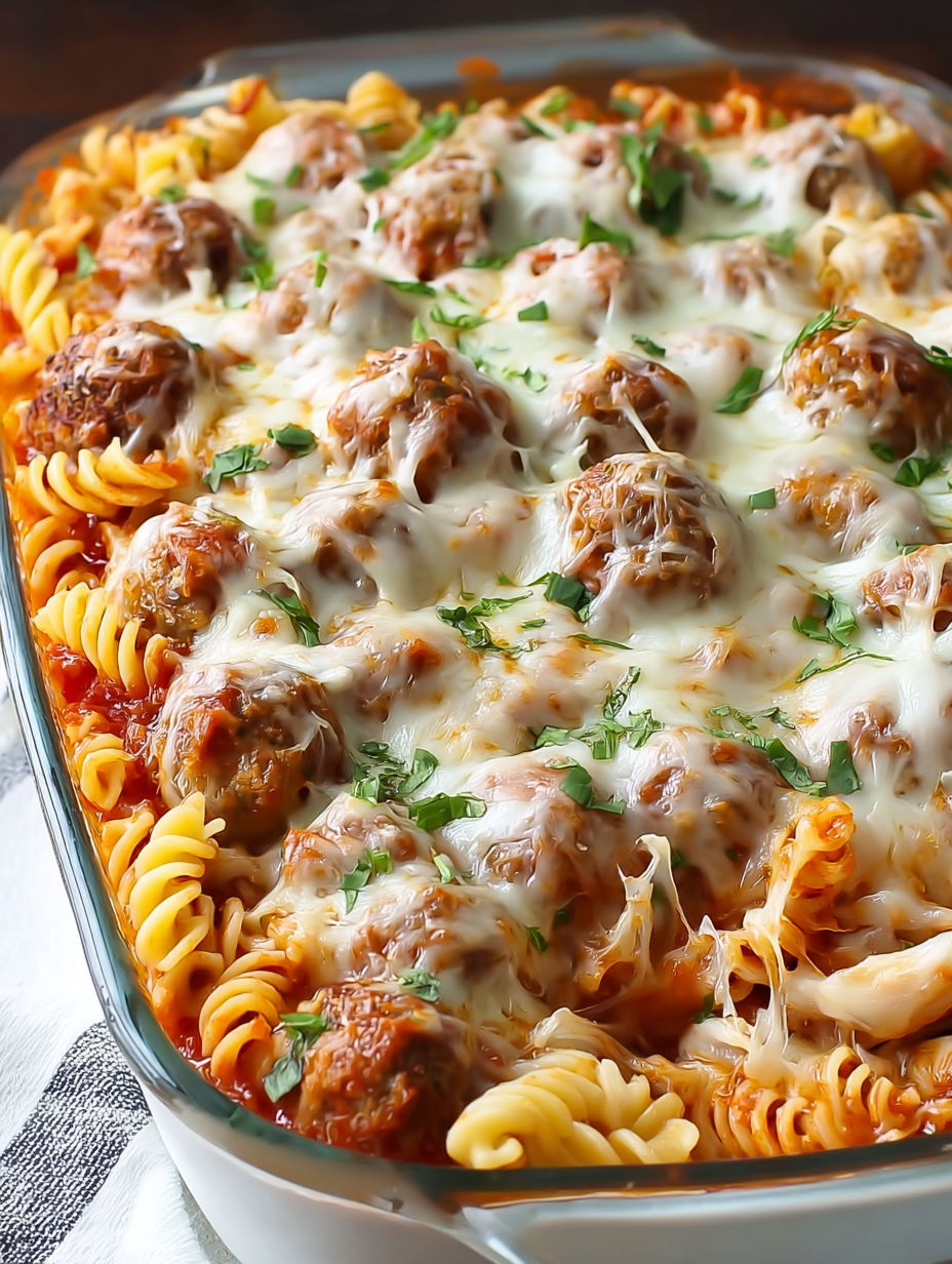 A casserole with meatballs and noodles.