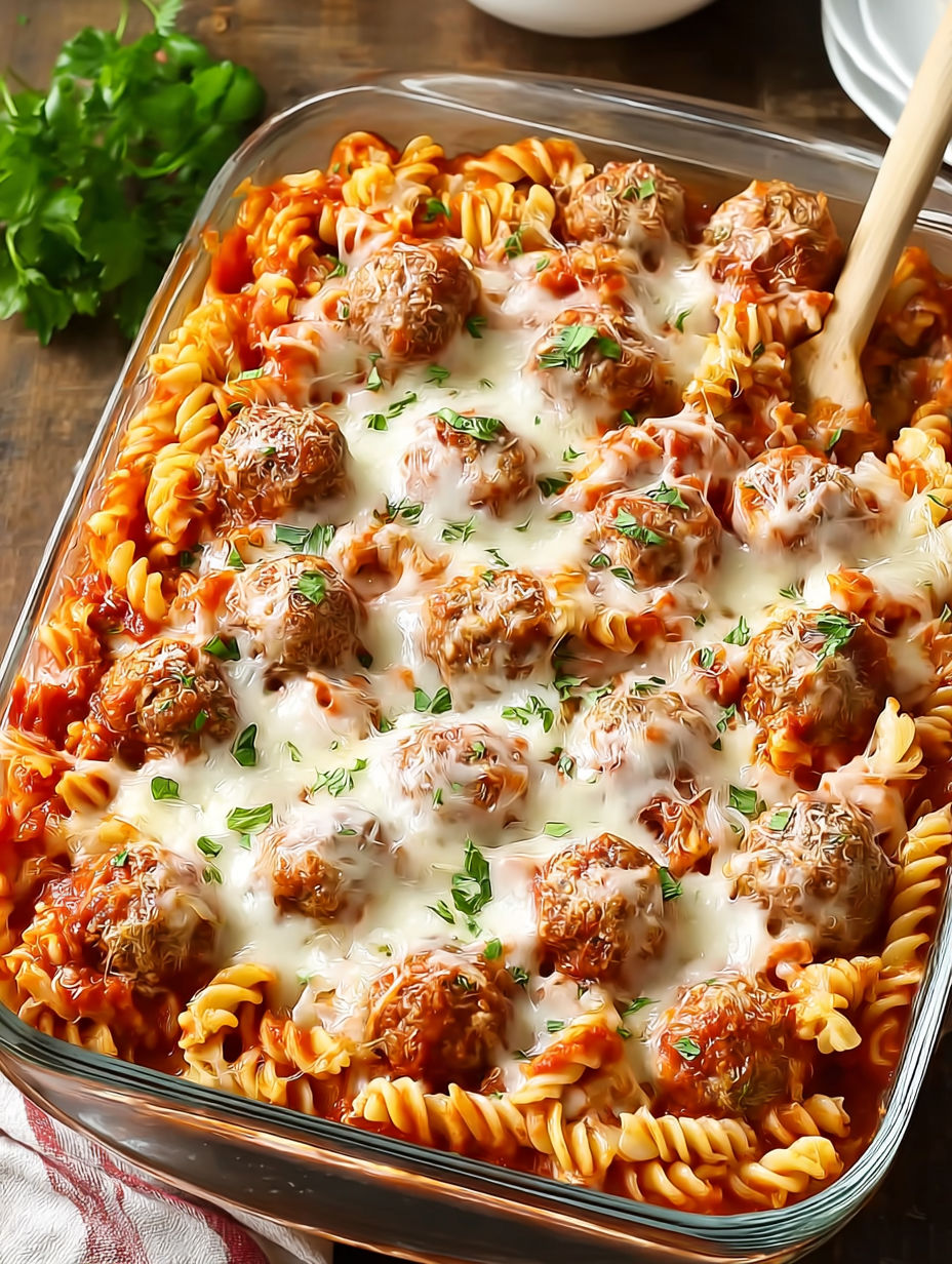 A dish of meatballs and pasta.