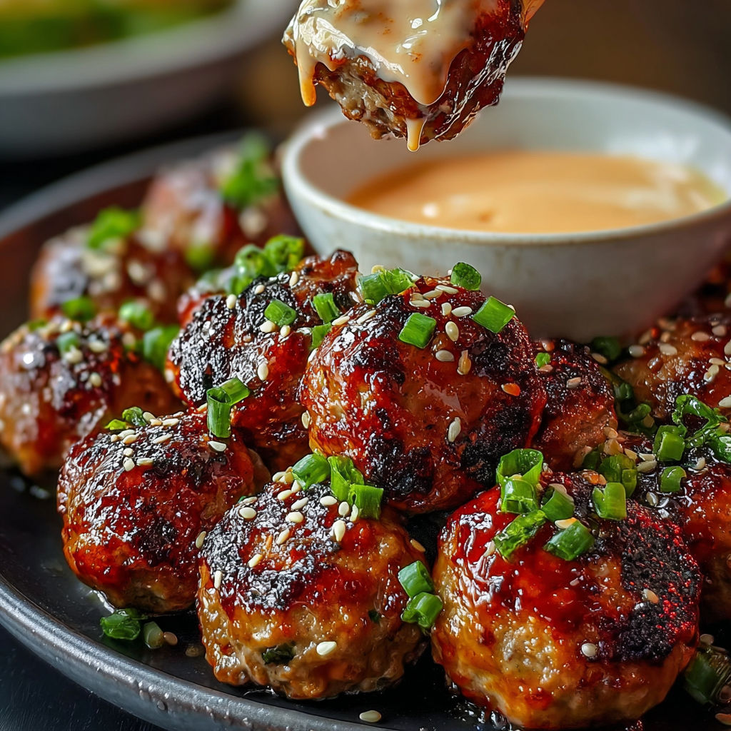 A plate of meatballs with spicy mayo dip.