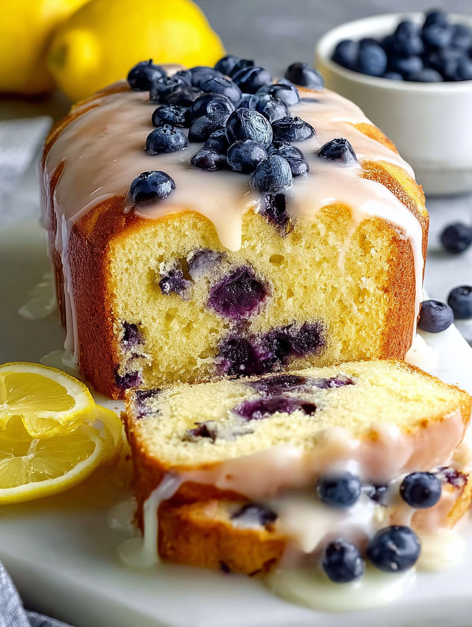 A slice of lemon blueberry pound cake.
