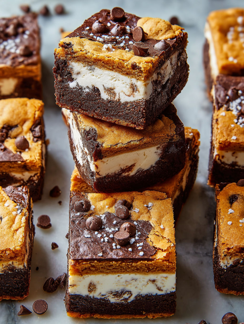A stack of brownies with chocolate chips and ice cream.
