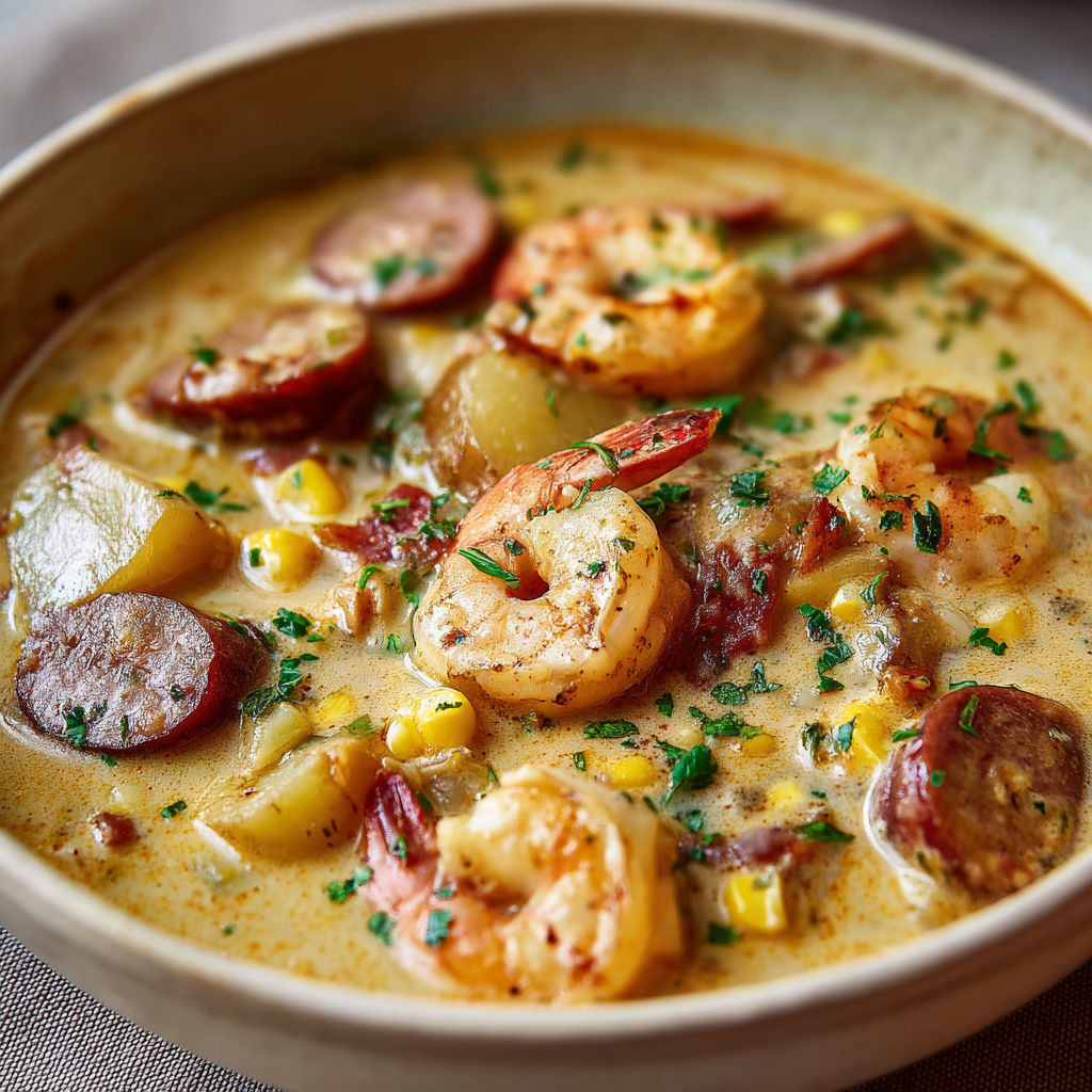 A bowl of soup with shrimp and corn.