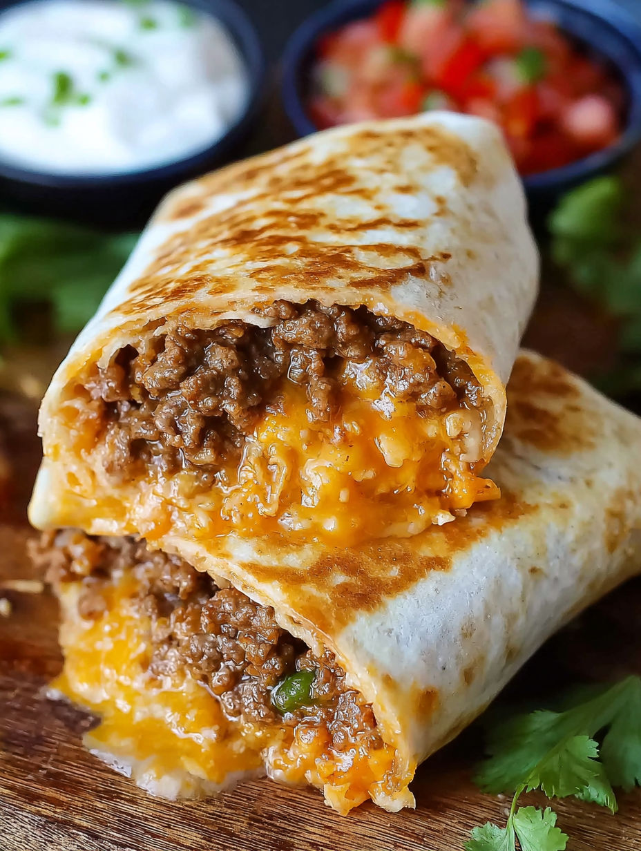A cheesy double beef burrito on a plate.