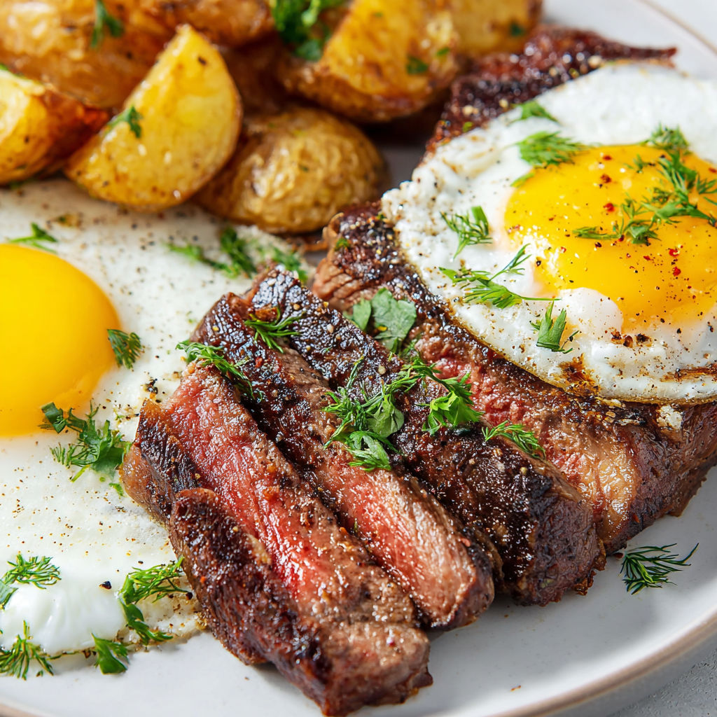A plate of steak and eggs.