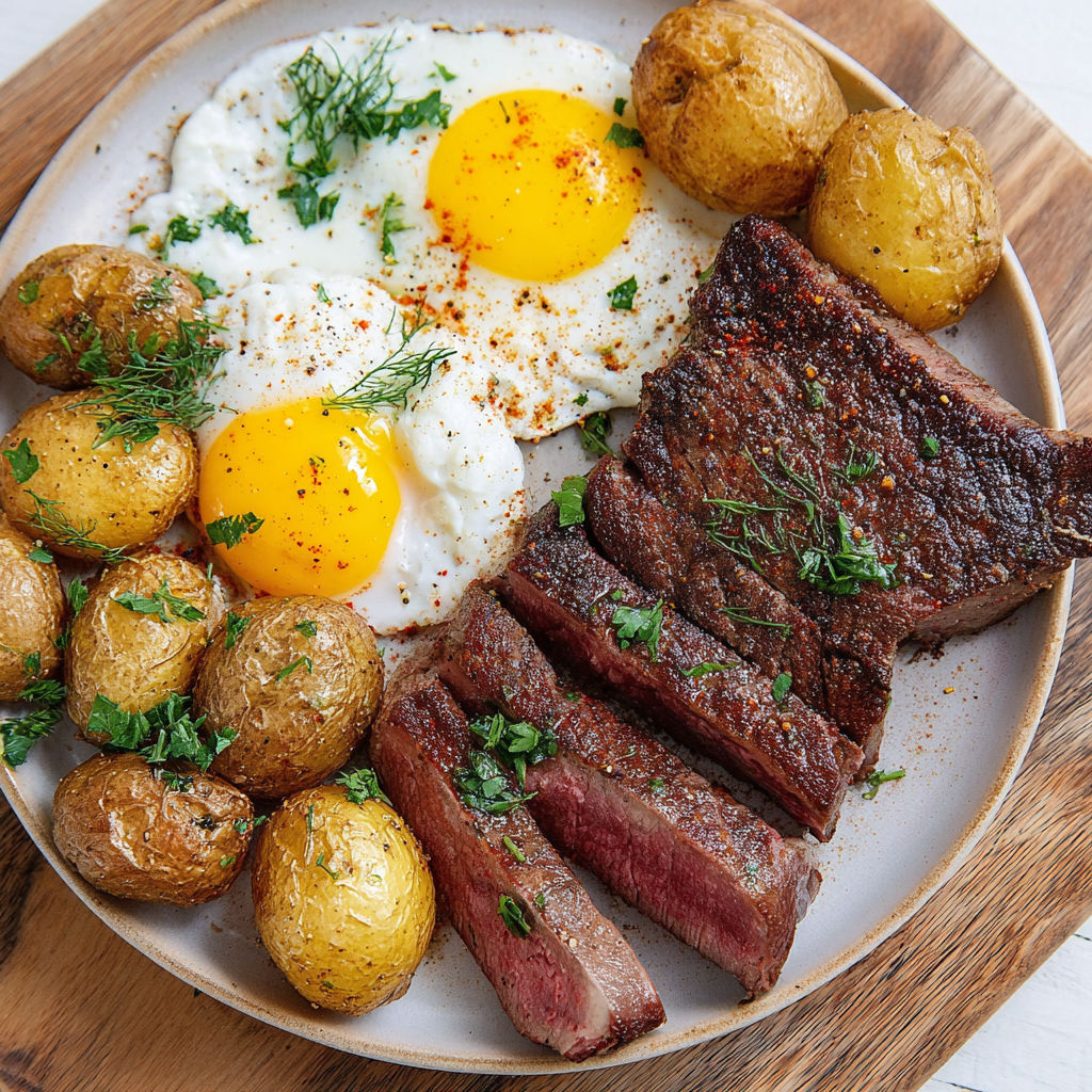 A plate of steak and eggs.