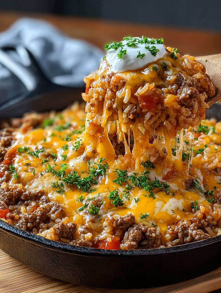 A delicious cheesy beef and rice skillet delight.