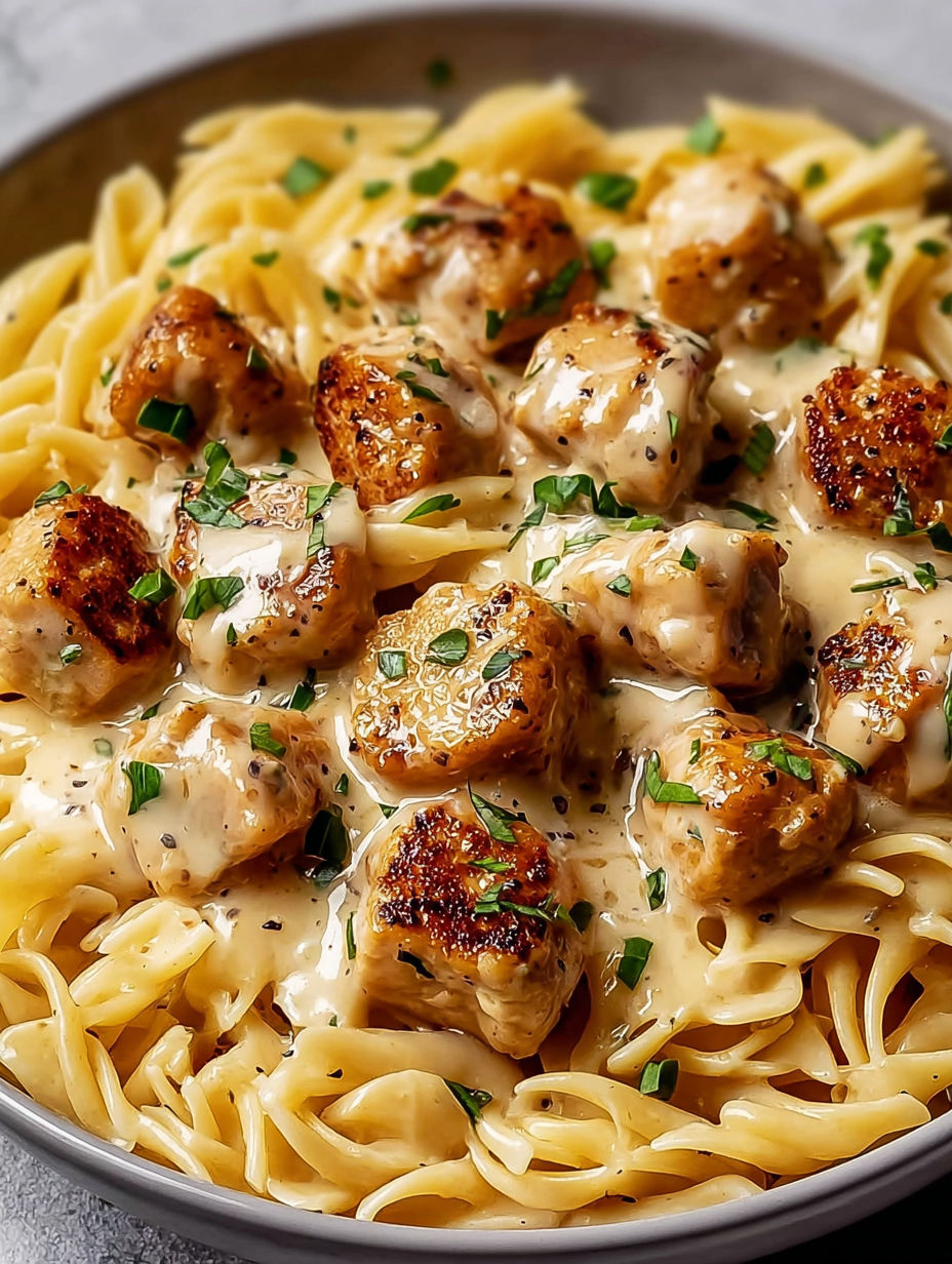 A plate of garlic butter chicken bites with creamy parmesan pasta.