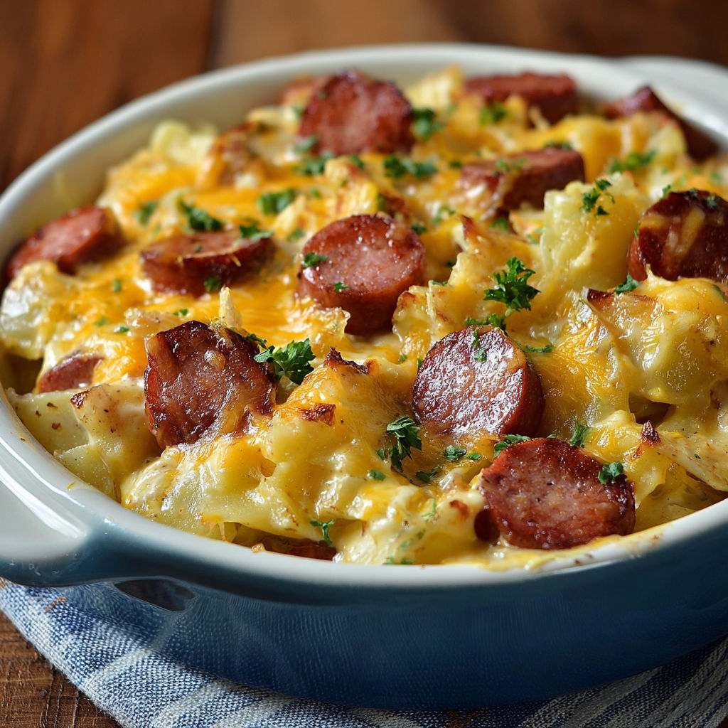 A bowl of food with sausage and cheese.