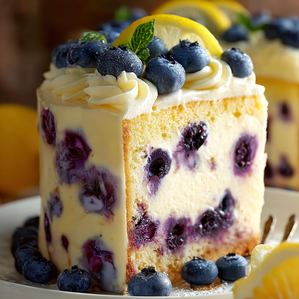 A slice of blueberry cheesecake cake with lemon wedges on the side.