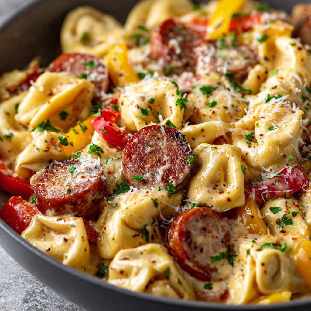 A bowl of pasta with sausage and cheese.