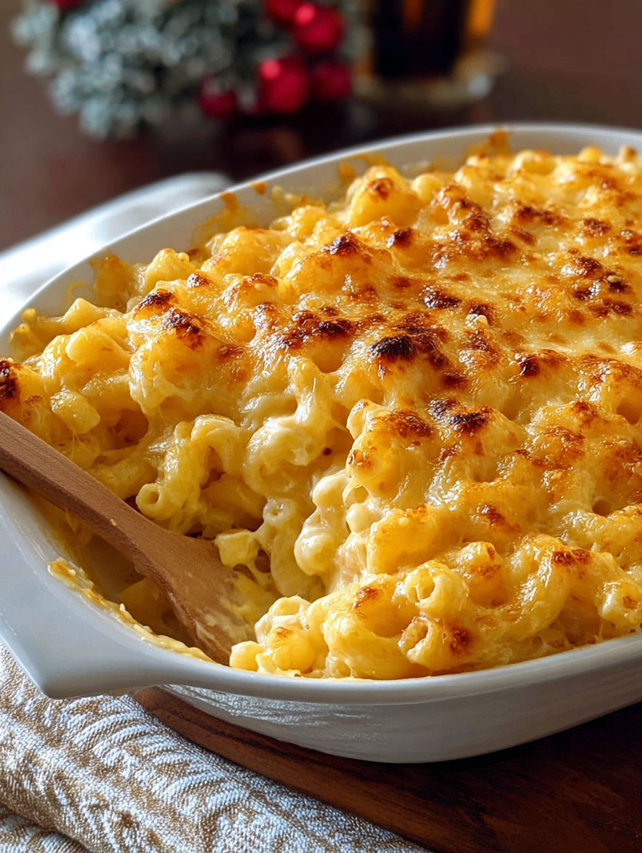 A creamy baked macaroni and cheese dish.