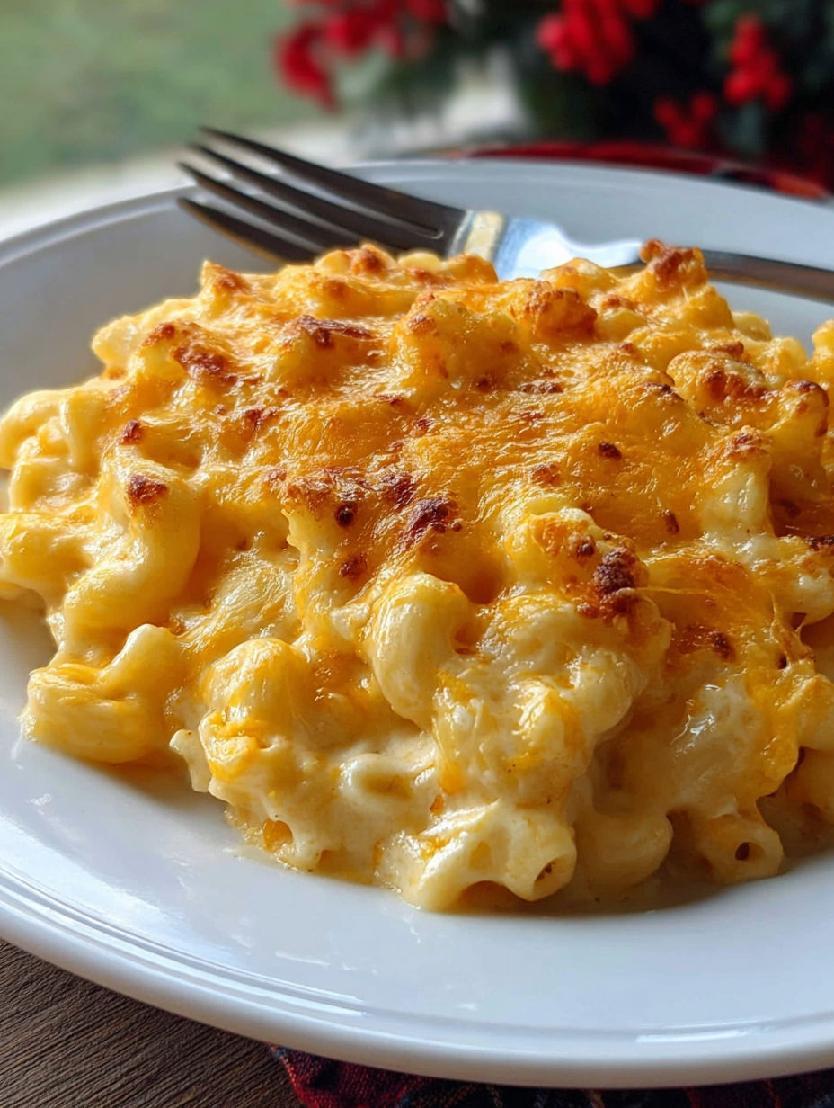 A plate of creamy baked macaroni and cheese.