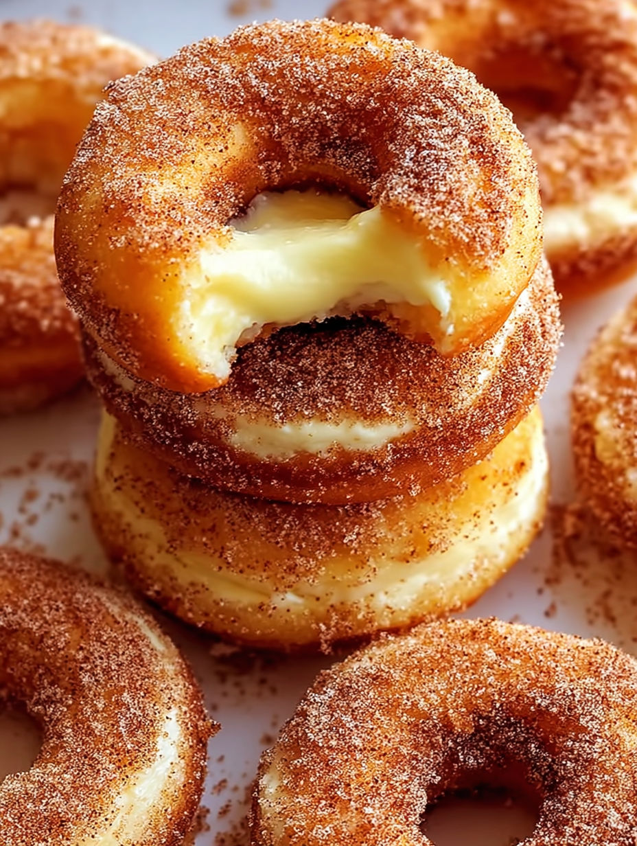 A stack of churro cheesecake donuts.