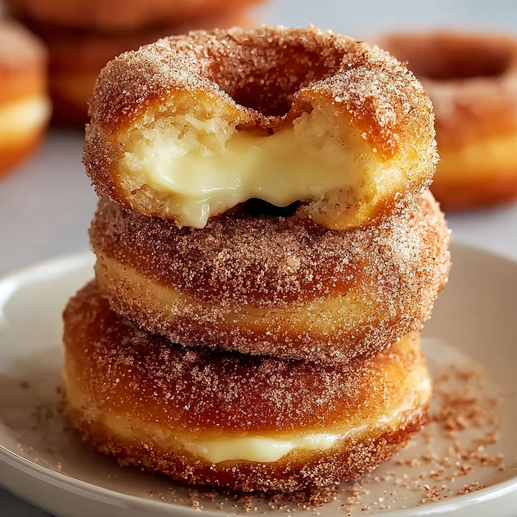 A stack of churro cheesecake donuts.