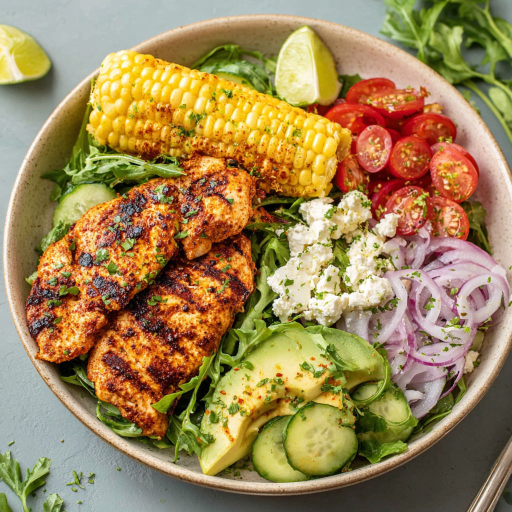 A bowl of grilled chicken with tomatoes, onions, cucumbers, and lime.
