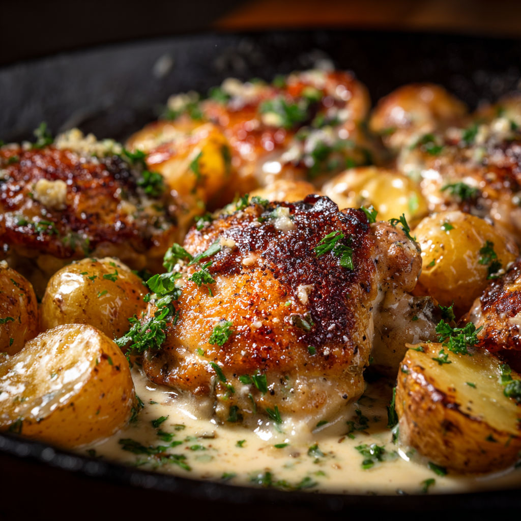 A dish of garlic Parmesan chicken and potatoes.