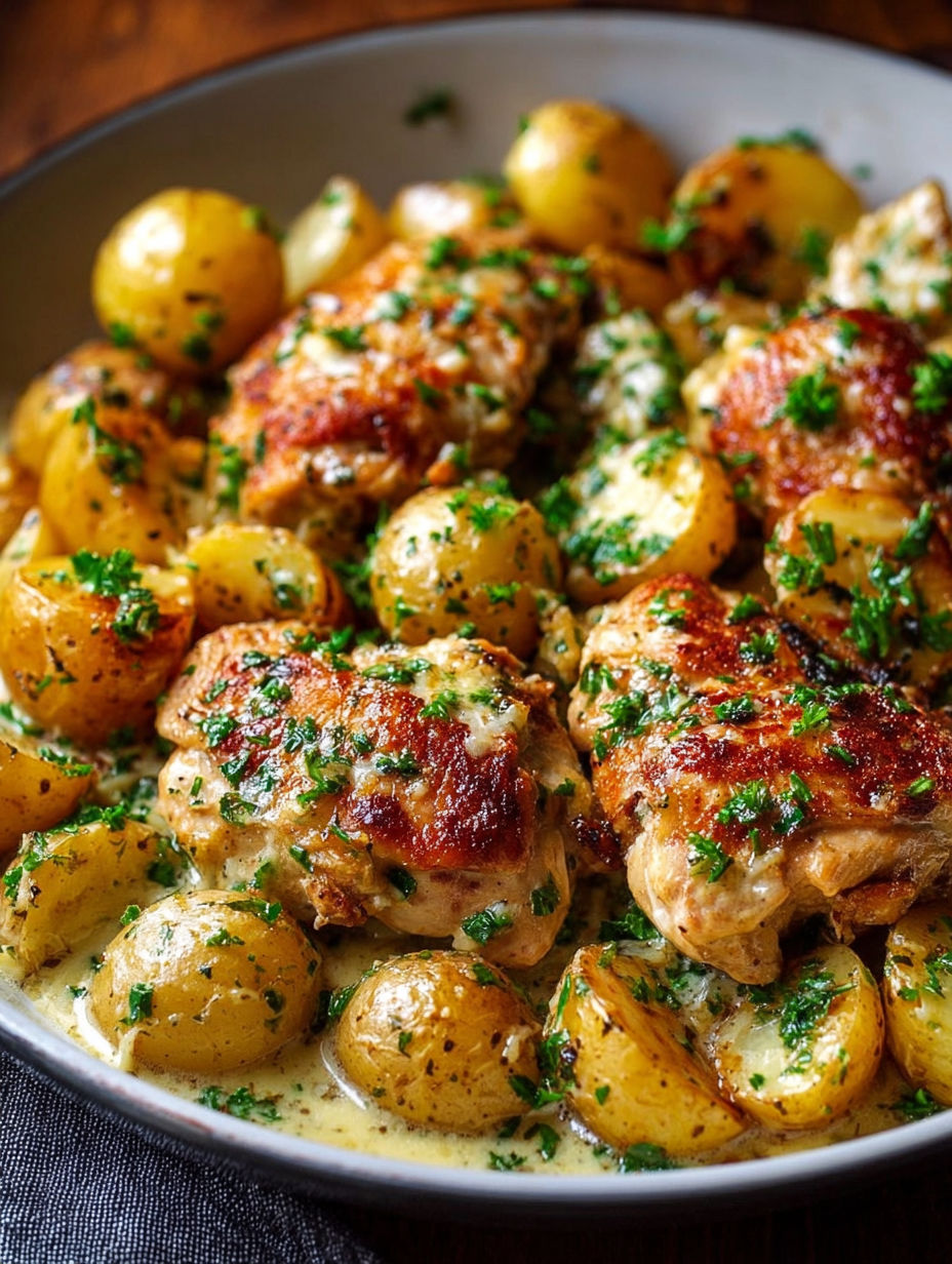 A dish of chicken and potatoes with garlic and Parmesan cheese.