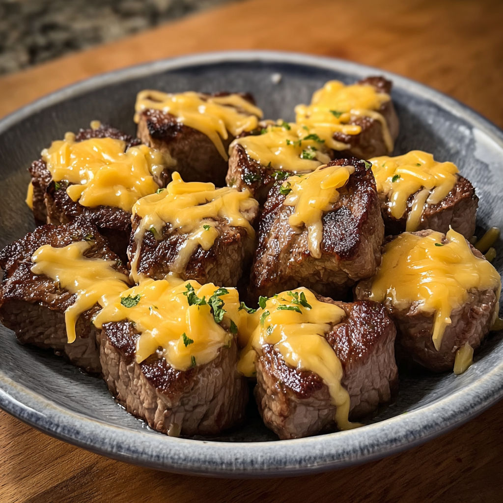 A plate of Texas Roadhouse-Inspired Cheesy Butter Steak Bites.