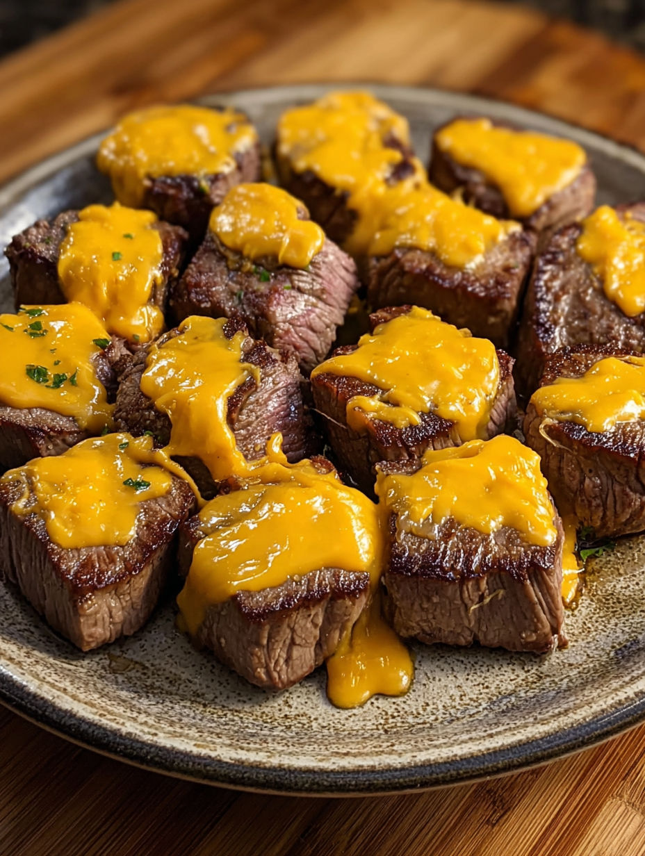 A plate of Texas Roadhouse-Inspired Cheesy Butter Steak Bites.