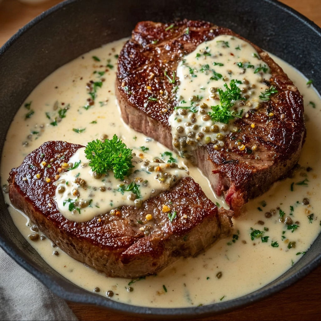 A juicy steak with creamy garlic sauce.