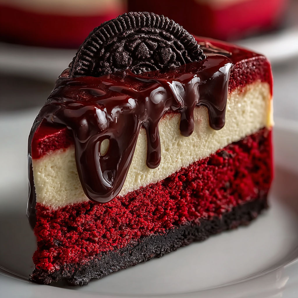 A slice of red velvet cheesecake with chocolate drizzle.