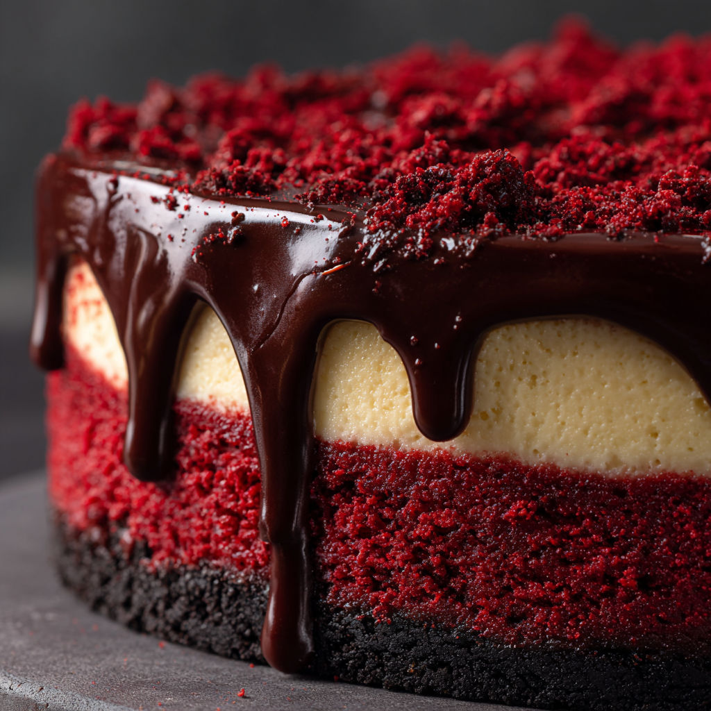 A slice of red velvet cheesecake with chocolate drizzle.