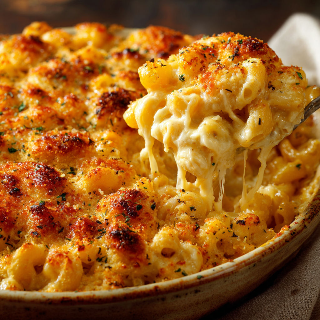 A close up of a delicious macaroni and cheese dish.