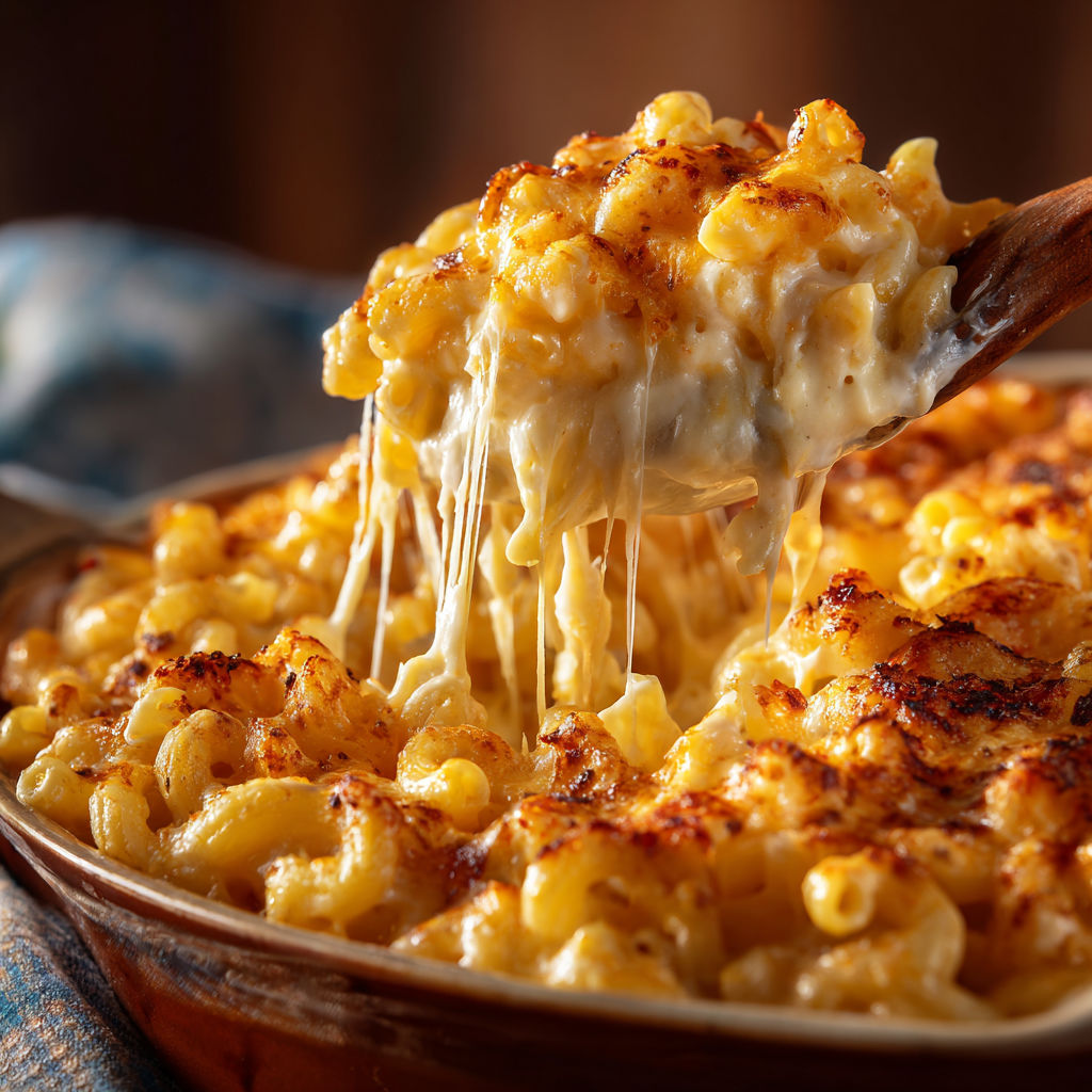 A close up of a delicious creamy baked macaroni and cheese.