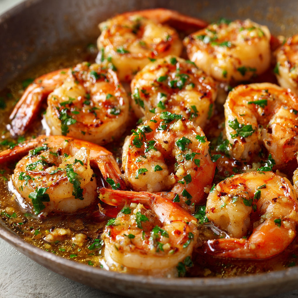 A pan of shrimp with garlic and butter.