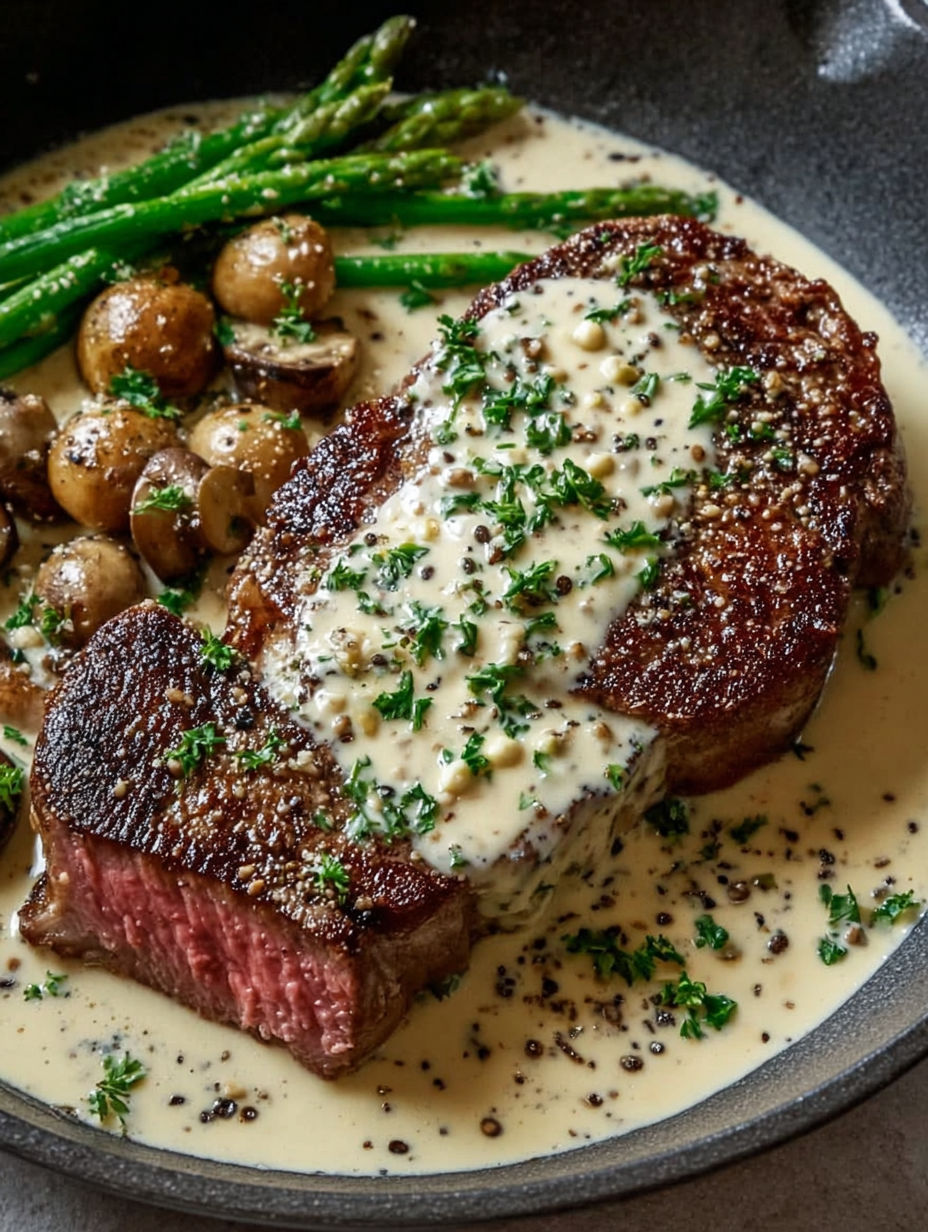 A juicy steak with creamy garlic sauce.