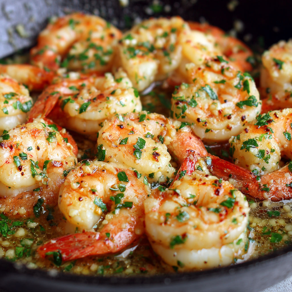 A pan of shrimp with garlic and butter.