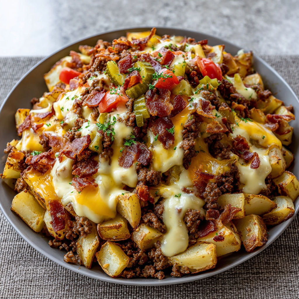 A loaded cheeseburger potato skillet with creamy cheese sauce.